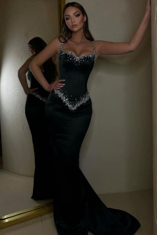 Modest Mermaid Spaghetti Straps Black Prom Dresses Inspiration Sparkly Birthday Dress Princess Graduation Dress B360