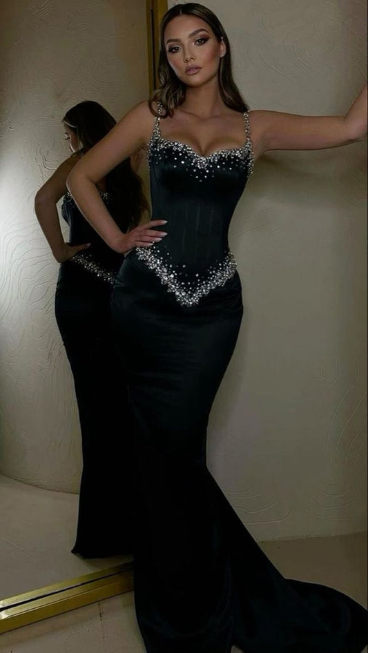 Modest Mermaid Spaghetti Straps Black Prom Dresses Inspiration Sparkly Birthday Dress Princess Graduation Dress B360