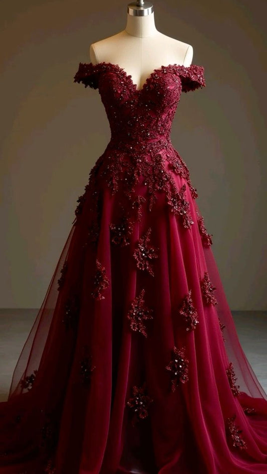 Elegant A line Off The Shoulder Burgundy Tulle Long Prom Dresses Inspiration Trending Evening Gowns Formal Prom Dress B367