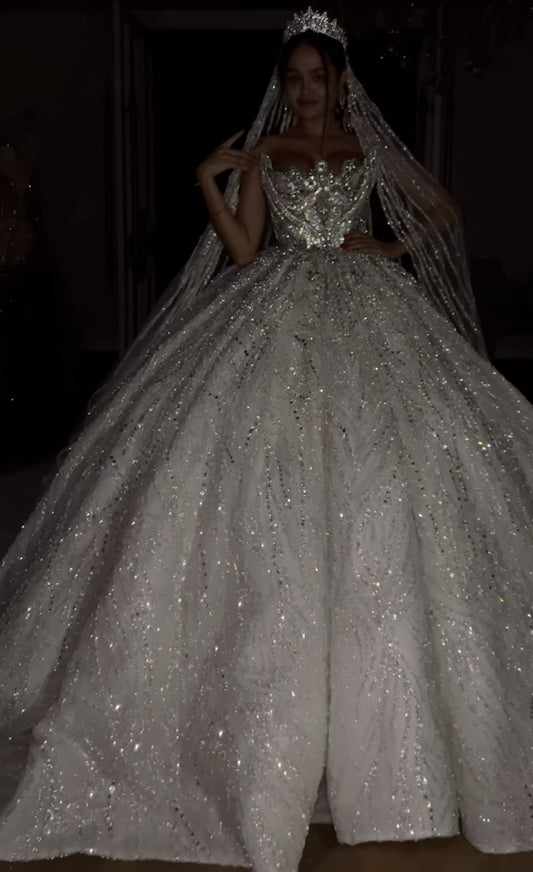 Robe de mariée longue en tulle blanc à paillettes, robe de bal modeste, sans bretelles, robe de mariée formelle, robe de mariée B37