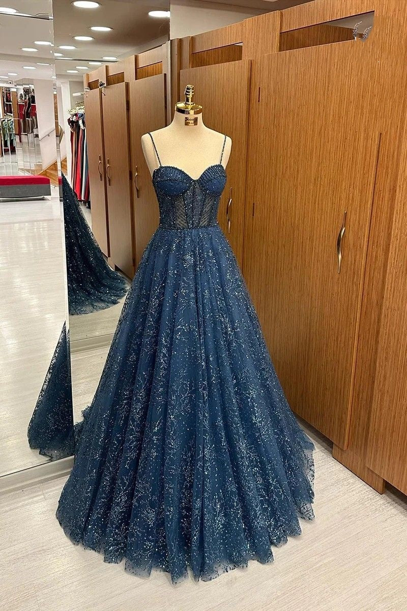 Sexy Ball Gown Spaghetti Straps Navy Blue Sequin Prom Dresses Inspiration Prom Dress Princess Party Birthday Graduation Dress B370