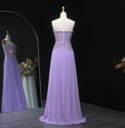 Elegant A line Strapless Lilac Chiffon Silver Beads Long Prom Dresses Inspiration Trending Evening Gowns Formal Party Prom Dress B376