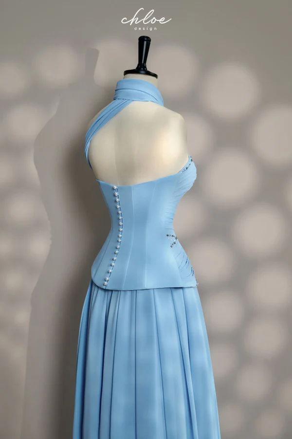 Elegantes, trägerloses, blaues A-Linien-Abendkleid für Damen, langes, formelles Kleid für Abschlussball, 16. Geburtstag, Damenkleid AB1222