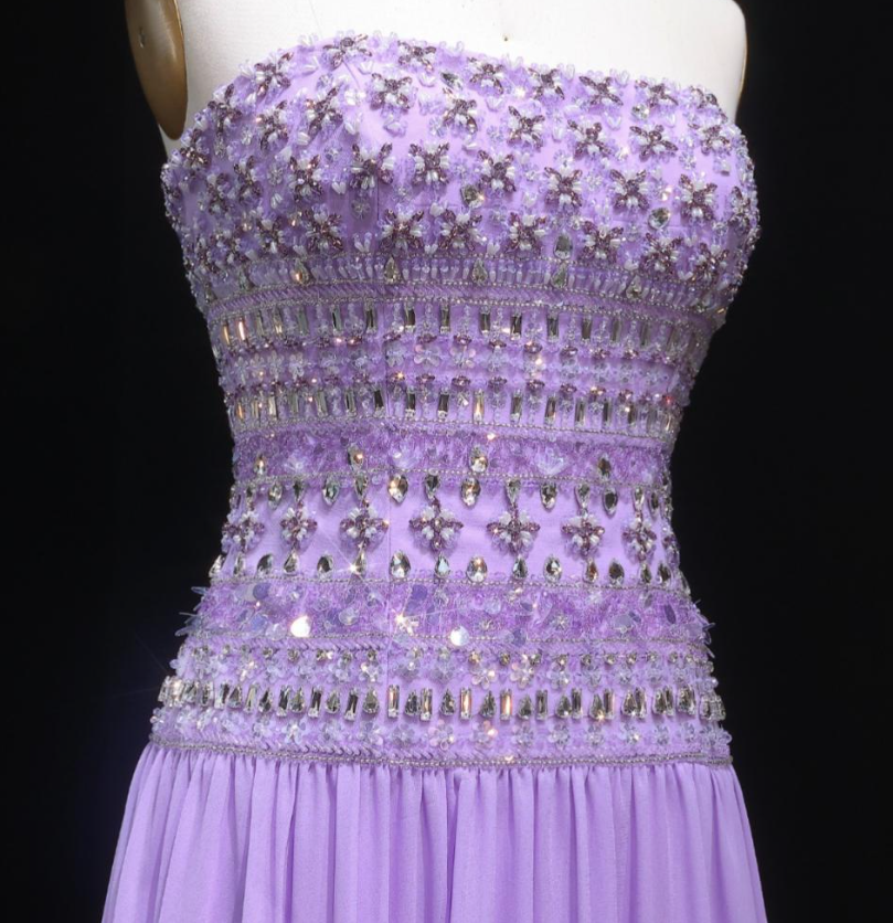 Elegant A line Strapless Lilac Chiffon Silver Beads Long Prom Dresses Inspiration Trending Evening Gowns Formal Party Prom Dress B376