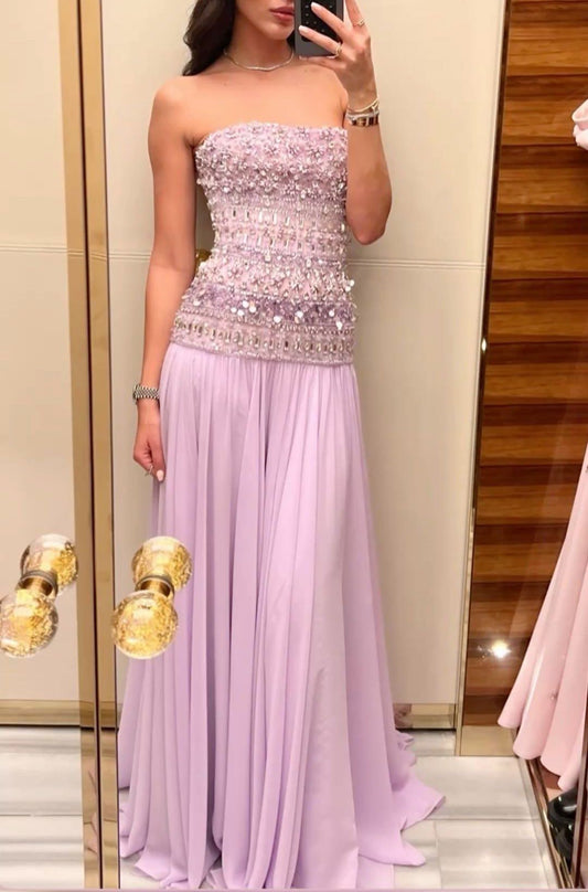 Elegant A line Strapless Lilac Chiffon Silver Beads Long Prom Dresses Inspiration Trending Evening Gowns Formal Party Prom Dress B376