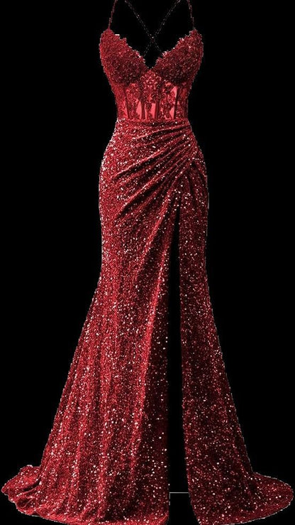 Elegant Mermaid Spaghetti Straps Burgundy Sequin Prom Dresses Inspiration Trending Evening Gowns Formal Party Prom Dress B377