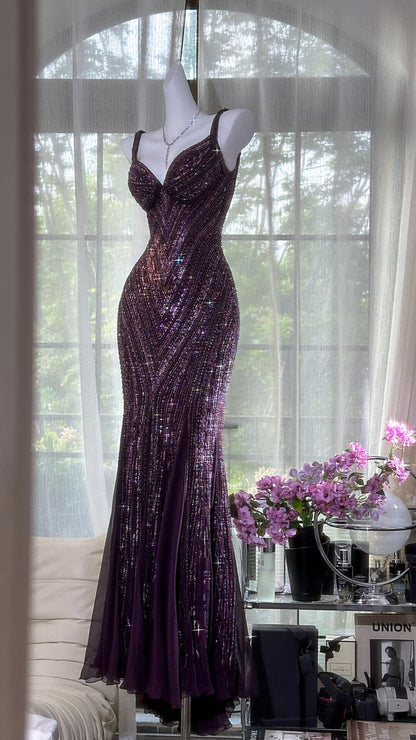 Stunning Mermaid Spaghetti Straps Grape Sequin Prom Dresses 2026 Inspiration Prom Dress Princess Graduation Dress B378