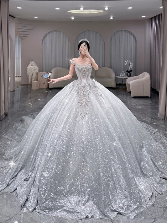 Robe de mariée longue à paillettes argentées, robe de bal modeste, col rond, robe de mariée formelle féerique B38