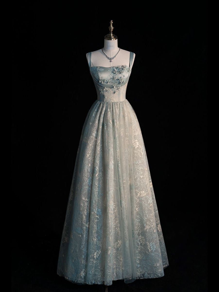 Vintage A Line Straps Sage Green Floor Length Prom Dress Lace Inspiration Long Prom Dresses B384