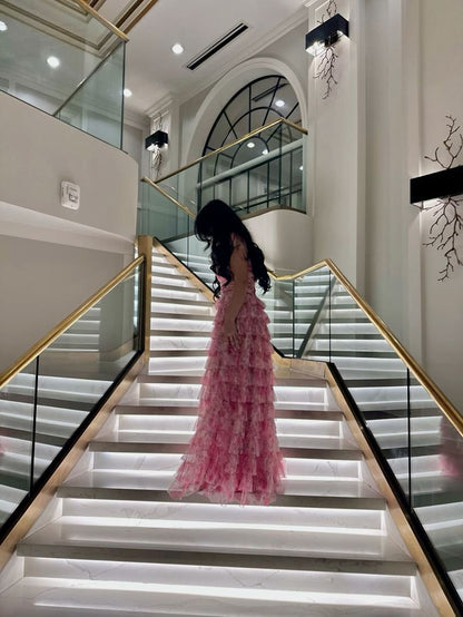 Modest Ball Gown Spaghetti Straps Pink Floral Tulle Prom Dresses Inspiration Prom Dress Princess Party Birthday Graduation Dress B389
