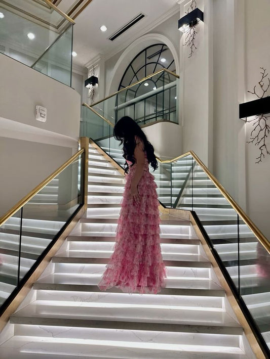 Modest Ball Gown Spaghetti Straps Pink Floral Tulle Prom Dresses Inspiration Prom Dress Princess Party Birthday Graduation Dress B389