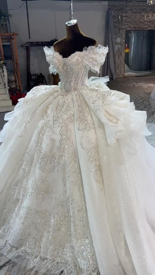 Robe de mariée longue en tulle blanc à paillettes, épaules dénudées, style féerique, manches courtes, B39