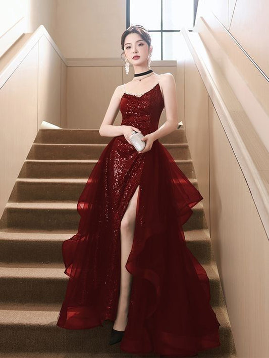 Stunning Mermaid Spaghetti Straps Sequin Burgundy Prom Dresses 2026 Inspiration Slit Prom Dress Princess Graduation Dress B390