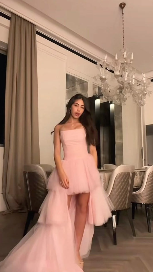 Elegant High Low Strapless Pink Tulle Floor Length Prom Dress Inspiration Long Prom Dresses B392