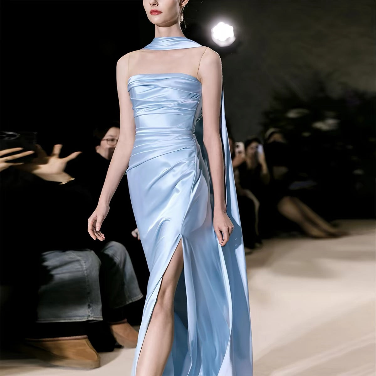 Simple Mermaid Strapless Blue Satin Long Beach Spring Summer Garden Inspiration Wedding Party Guest Dresses N2300