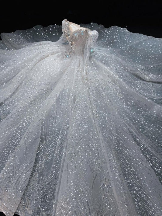 Robe de mariée de rêve à épaules dénudées et paillettes blanches, manches longues, robe de mariée de style féerique, B40