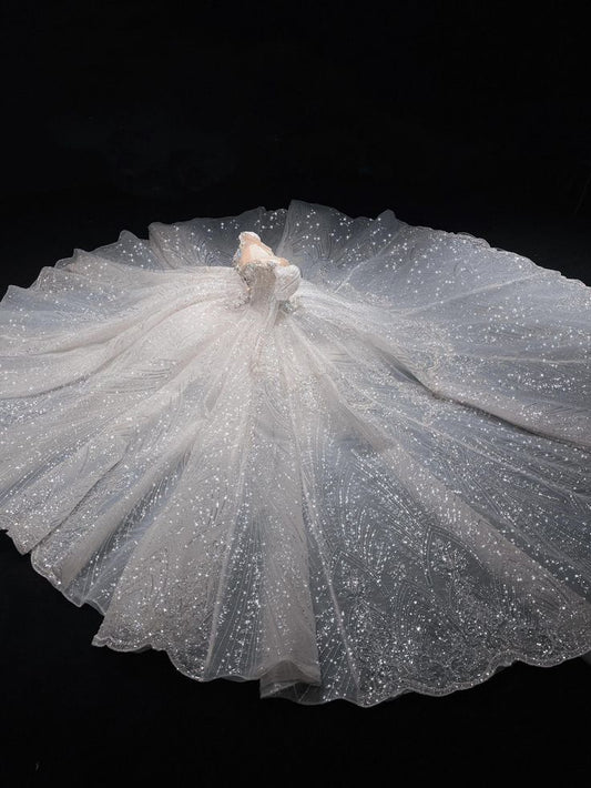 Robe de mariée de rêve à épaules dénudées et paillettes blanches, manches longues, robe de mariée de style féerique, B40