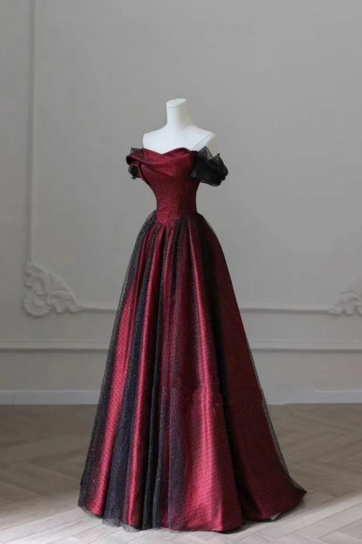 Elegant A Line Off The Shoulder Black Burgundy Tulle Floor Length Prom Dress Inspiration Long Prom Dresses B407