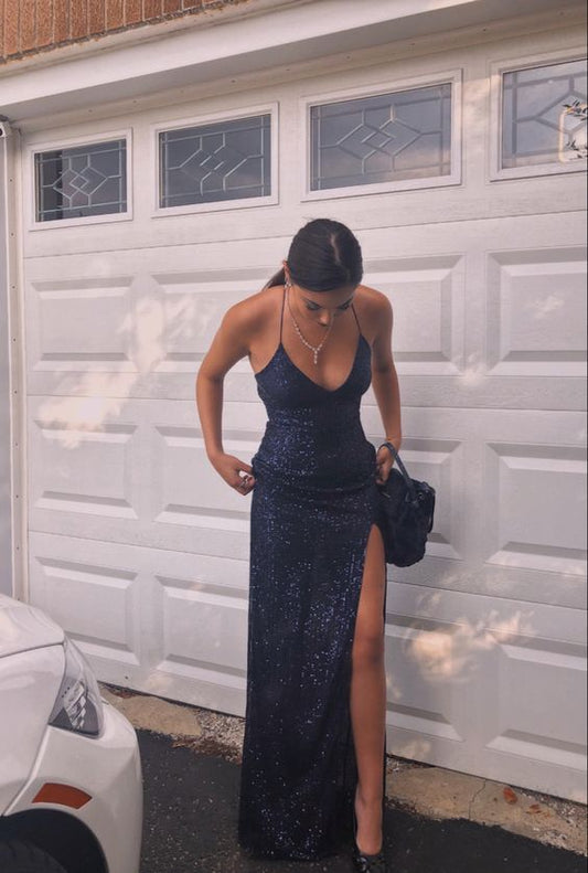 Elegant Mermaid Halter Navy Blue Sequin Floor Length Prom Dress Inspiration Long Party Prom Dresses B415