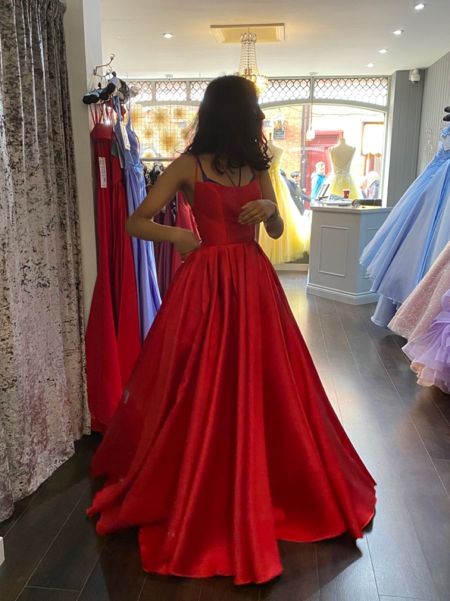 Elegant A Line Spaghetti Straps Red Satin Backless Floor Length Prom Dress Inspiration Long Party Prom Dresses B417