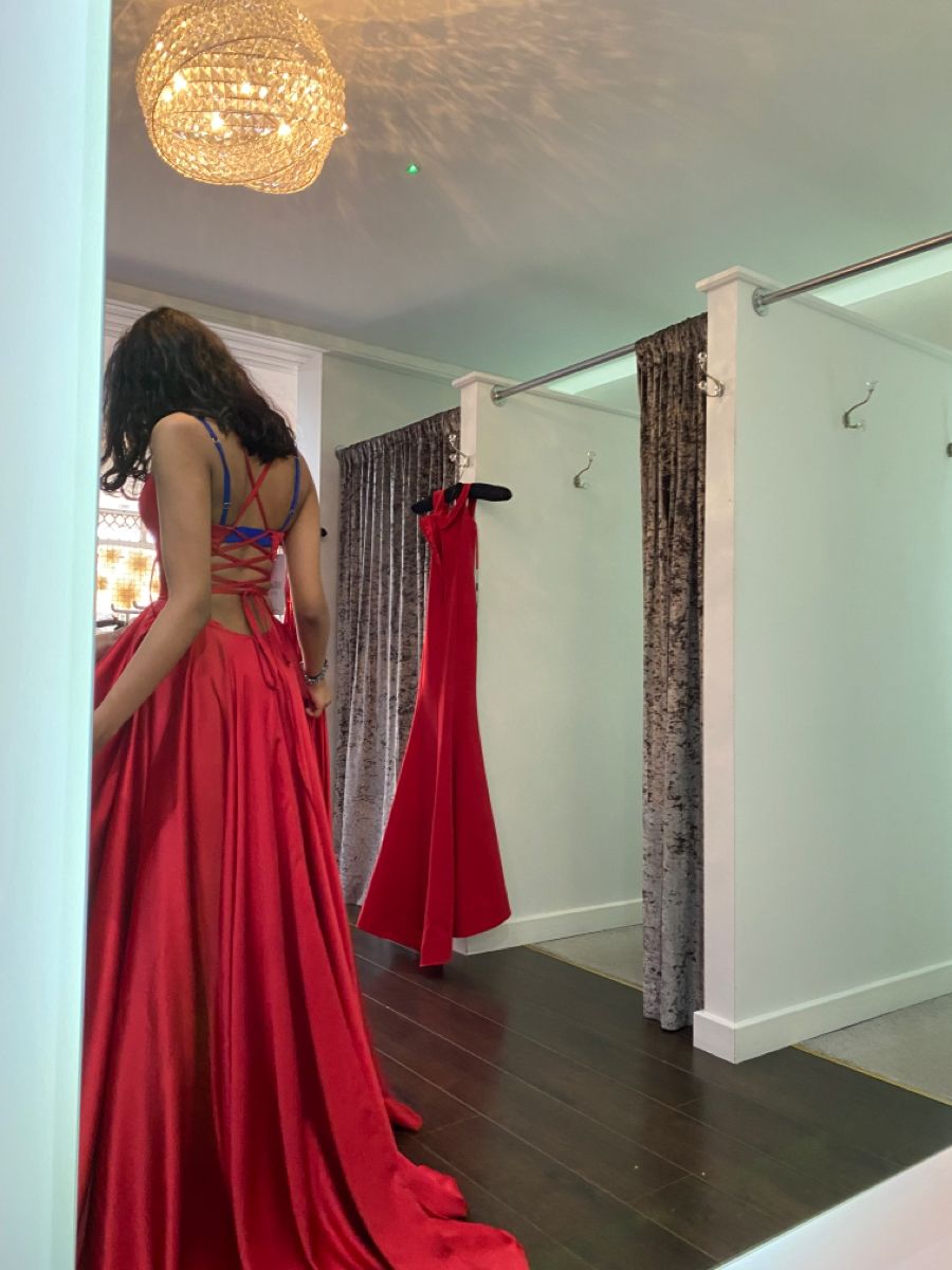 Elegant A Line Spaghetti Straps Red Satin Backless Floor Length Prom Dress Inspiration Long Party Prom Dresses B417