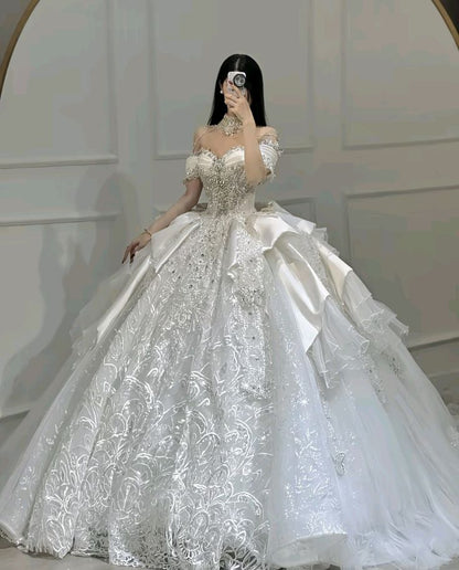 Dreamy Ball Gown Off The Shoulder Tulle Sequins Satin Lace Long Wedding Dress Fairy Formal Short Sleeves Wedding Dresses B144