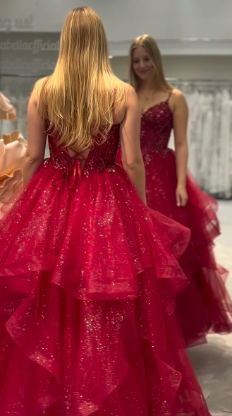 Stunning Ball Gown Spaghetti Straps Tulle Red Prom Dresses Party Dress Princess Graduation Dress B420