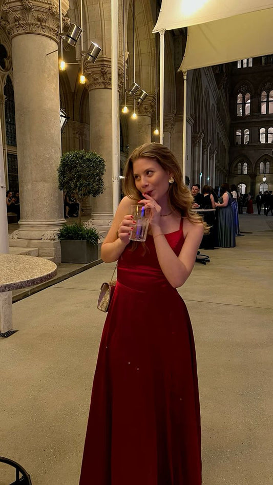 Simple A Line Halter Burgundy Satin Long Floor Length Prom Dress Inspiration Party Prom Dresses B422