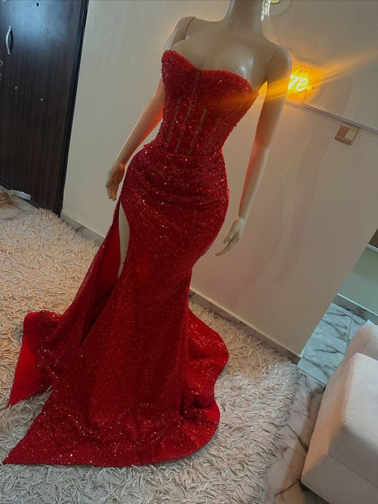 Atemberaubende Meerjungfrau Sweetheart Red Slit Pailletten Ballkleider Inspiration Ballkleid Prinzessin Abschlussballkleid B424