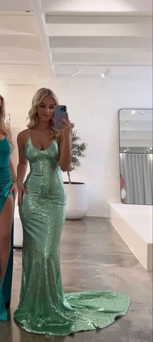 Sexy Mermaid Halter Mint Green Sequin Long Floor Length Prom Dress Inspiration Party Prom Dresses B426