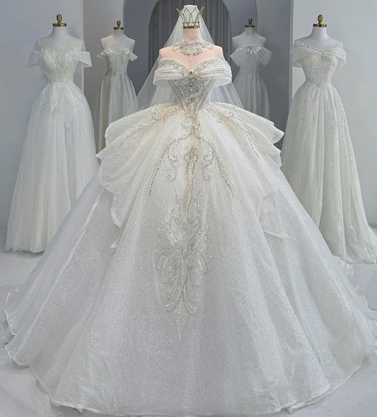 Robe de mariée longue à paillettes et épaules dénudées, style féerique, manches courtes, B43