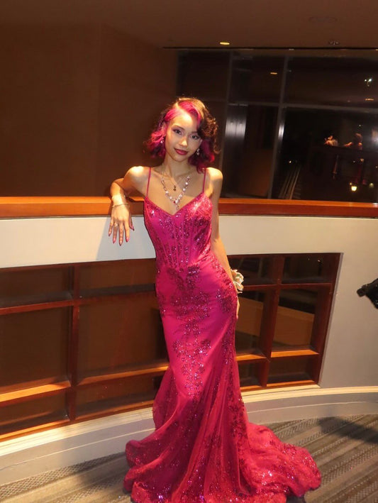 Sexy Mermaid Spaghetti Straps Pink Sequin Long Floor Length Prom Dress Inspiration Party Prom Dresses B430