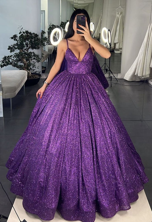 Classic Ball Gown Spaghetti Straps Grape Sequin Long Prom Dress Inspiration Party Senior Dance Prom Dresses B435