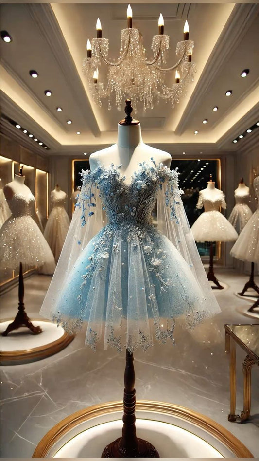 Wunderschönes Ballkleid aus der Schulter hellblaue Spitze kurzes Kleid zum 18. Geburtstag Homecoming Kleider B446