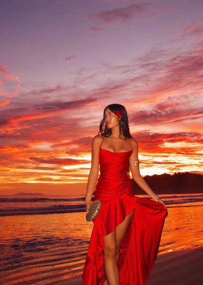 Modest High Low Halter Red Satin Slit Prom Dresses Inspiration Prom Dress Princess Graduation Dress B447