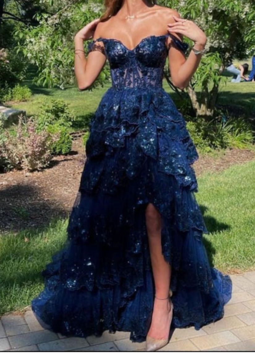 Charming Ball Gown Off The Shoulder Navy Blue Lace Sequin Prom Dresses Inspiration Prom Dress Princess Graduation Dress B448