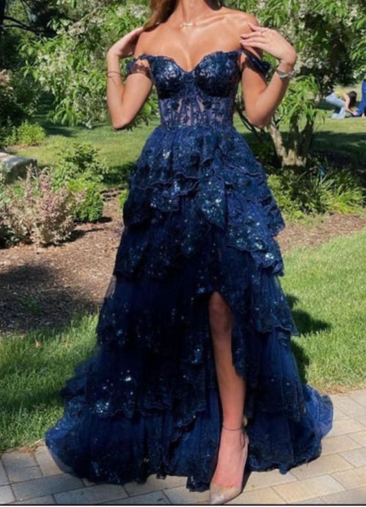 Charming Ball Gown Off The Shoulder Navy Blue Lace Sequin Prom Dresses Inspiration Prom Dress Princess Graduation Dress B448
