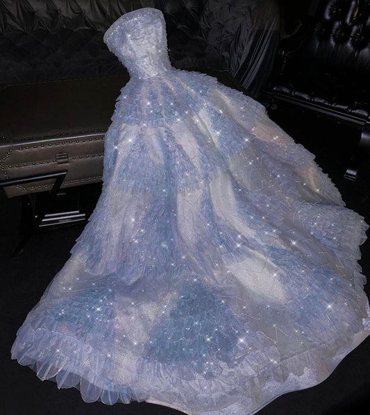 Robe de mariée longue en tulle bleu ciel clair, robe de bal de rêve, sans bretelles, robe de mariée formelle féerique B45
