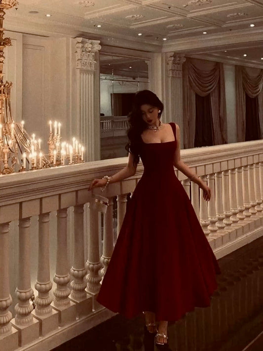 Sexy A Line Square Neck Satin Burgundy Prom Dresses Inspiration Simple Graduation Dress B459