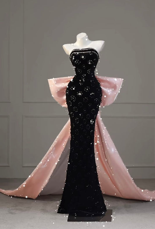 Elegant Mermaid Strapless Hot Pink Satin Long Floor Length Black Prom Dress Inspiration Long Prom Dresses B46