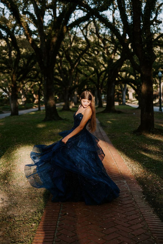 Modest Ball Gown Sweetheart Navy Blue Tulle Lace Prom Dresses Party Dress Princess Graduation Dress B460