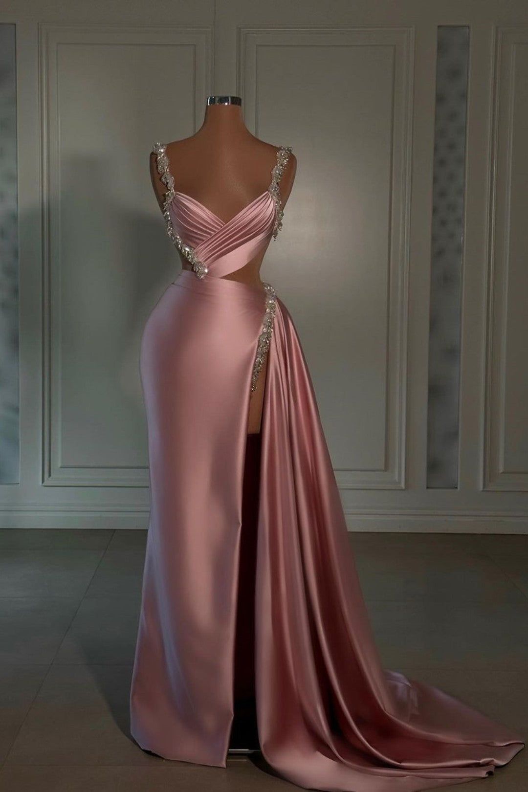 Sexy Mermaid Straps Pink Slit Silver Beads Prom Dresses Inspiration Unique Graduation Dress B464
