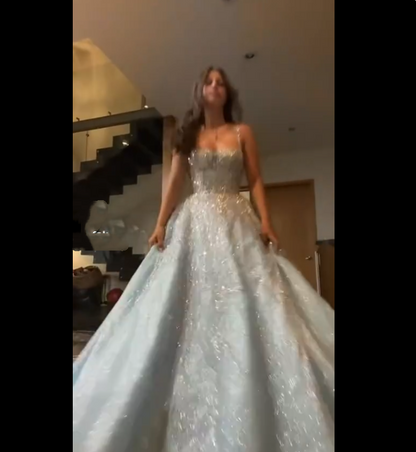 Sexy Ball Gown Spaghetti Straps Light Sky Blue Tulle Sequins Prom Dresses Inspiration Unique Graduation Dress B469