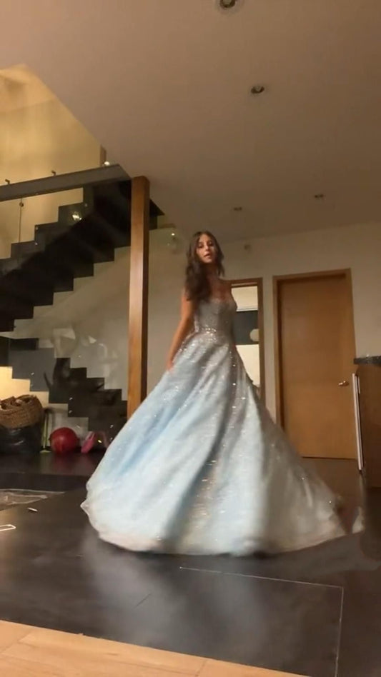 Sexy Ball Gown Spaghetti Straps Light Sky Blue Tulle Sequins Prom Dresses Inspiration Unique Graduation Dress B469
