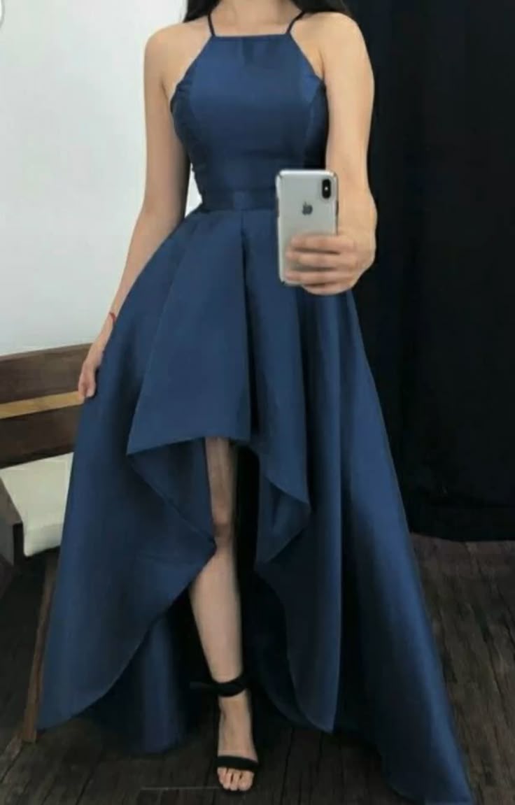 Simple High Low Spaghetti Straps Navy Blue Satin Prom Dresses Inspiration Unique Party Formal Graduation Dress B474