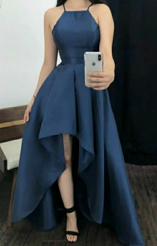 Simple High Low Spaghetti Straps Navy Blue Satin Prom Dresses Inspiration Unique Party Formal Graduation Dress B474