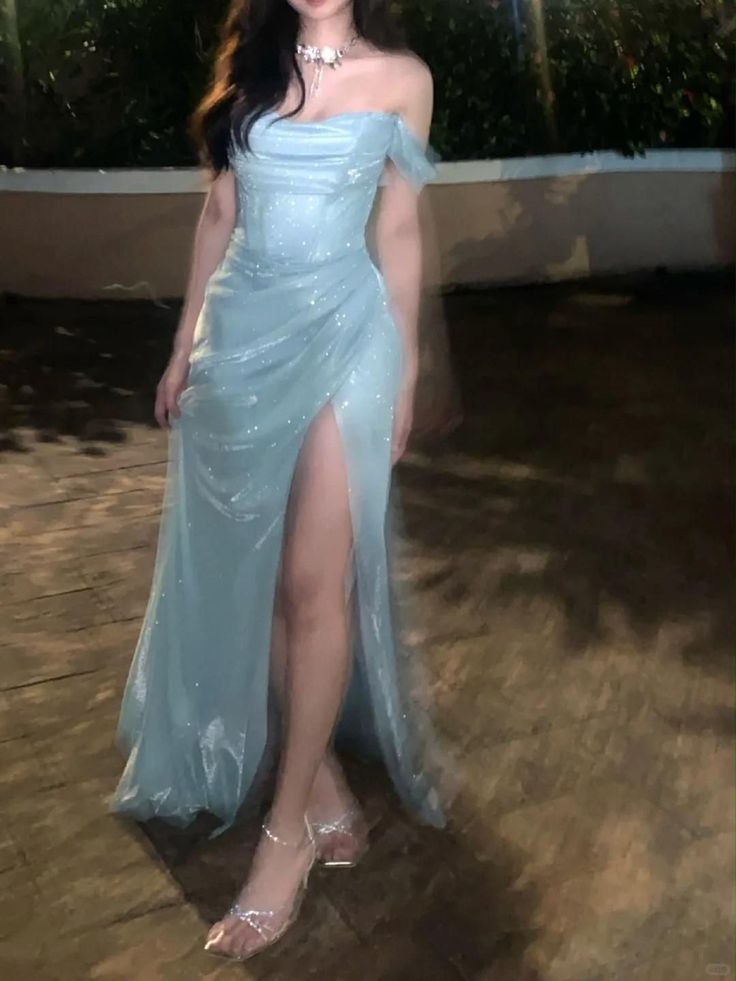 Charming Mermaid Off The Shoulder Light Sky Blue Sequin Slit Prom Dresses Formal Gown Princess Graduation Dress B476