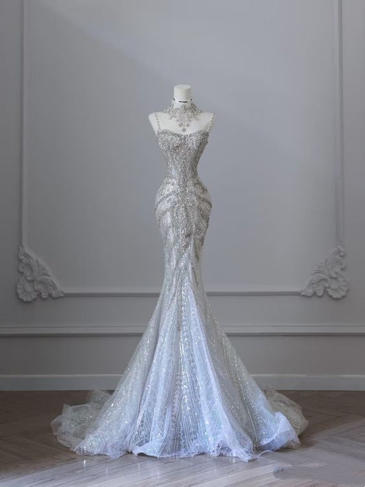 Robe de mariée sirène de rêve à bretelles spaghetti, longue en tulle et paillettes, robes de mariée formelles féeriques B48