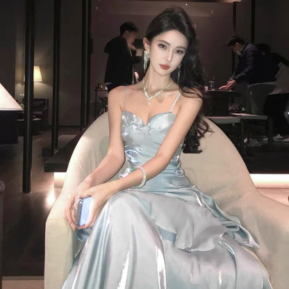 Sexy Mermaid Spaghetti Straps Light Sky Blue Long Prom Dresses Party Dress Princess Graduation Dress B487