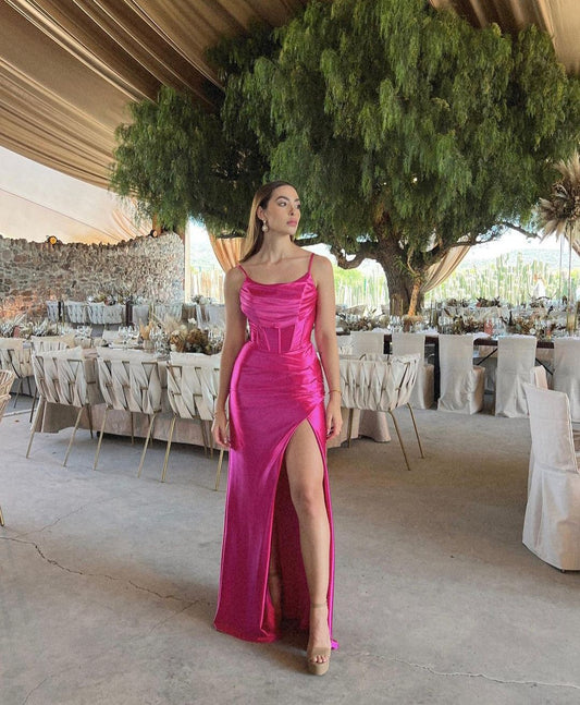 Sexy Mermaid Spaghetti Straps Pink Sequin Slit Prom Dresses Inspiration Unique Party Formal Graduation Dress B489